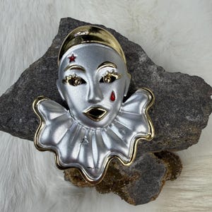80s Vintage Pierrot Brooch Crying Sad Clown Pin Large Silver Tone Enamel