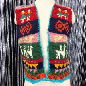 Vintage 70s Peruvian Llama Hand Knit Sweater Vest, Free Shipping
