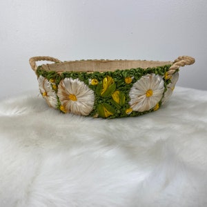 70&#39;s Vintage Woven Straw Basket with Floral and Embroidered Raffia Flowers Round Handle Handmade in the Philippines