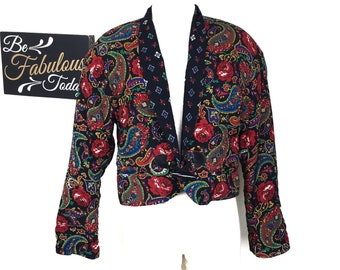 Vintage Chaus Petite 100% Rayon Crinkle Blazer Paisley & Rose Jacket