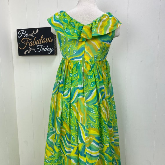 Vintage Green, Yellow & Blue Swirl Prom Dress Ruf… - image 7