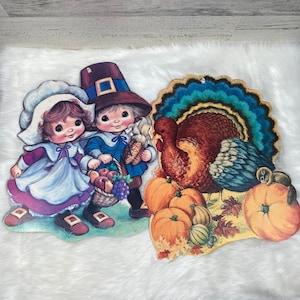 Pair of Vintage Eureka USA Thanksgiving Die Cut Wall Hangings Pilgrim & Turkey