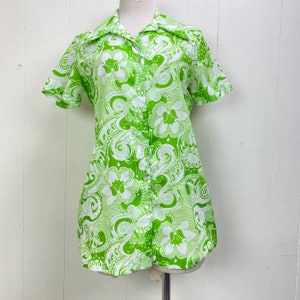 Vintage 70s Rhoda Lee Lime & White Paisley Button Down Blouse Polyester Size 16