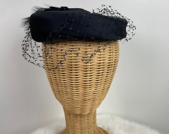 Vintage 50s Black Pillbox Hat w/ Birdcage Veil and Feathers