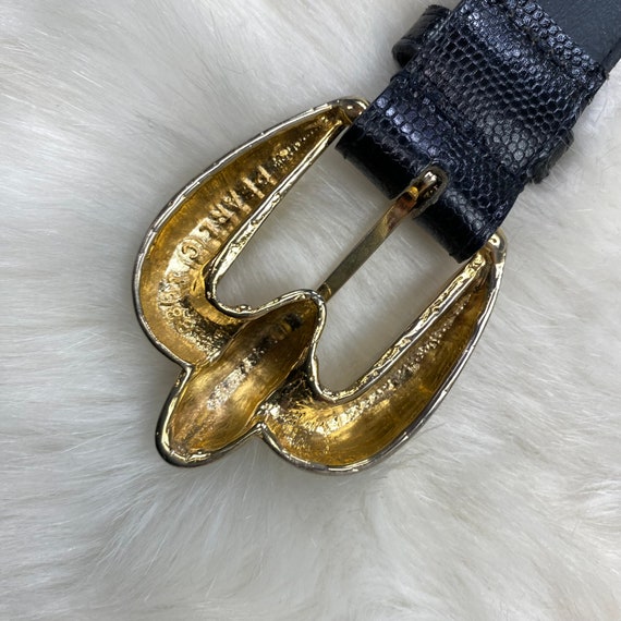 Vintage Pearl 1988 Black Leather Belt with Gold Leaf Buckle Sz.Large PEARL Sz M Black Tooled Leather Belt Brass Mandella Buckle  main image 4