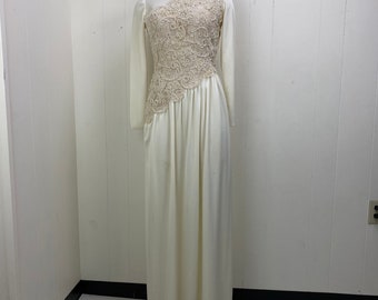 Vintage 70s Sylvia's Lawrence Ivory & Taupe Lace Full Length Wedding Gown Dress