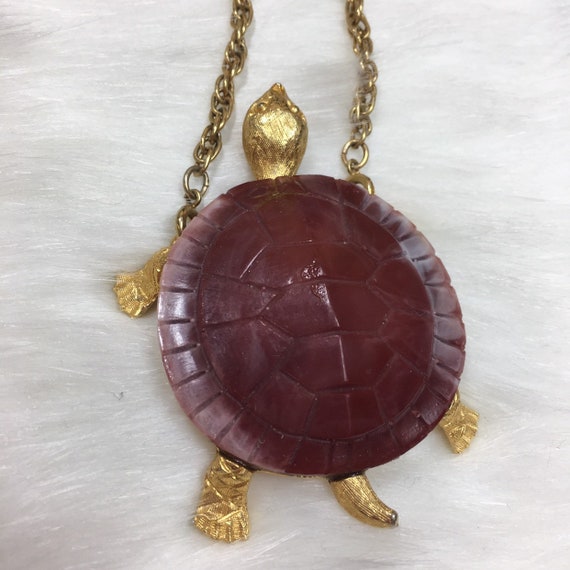 Vintage Signed Celebrity Turtle Pendant with Marb… - image 6