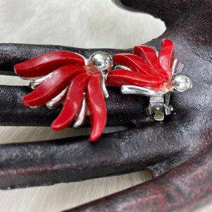 Vintage Plastic Red & Silver Metal Fan Clip-on Earrings