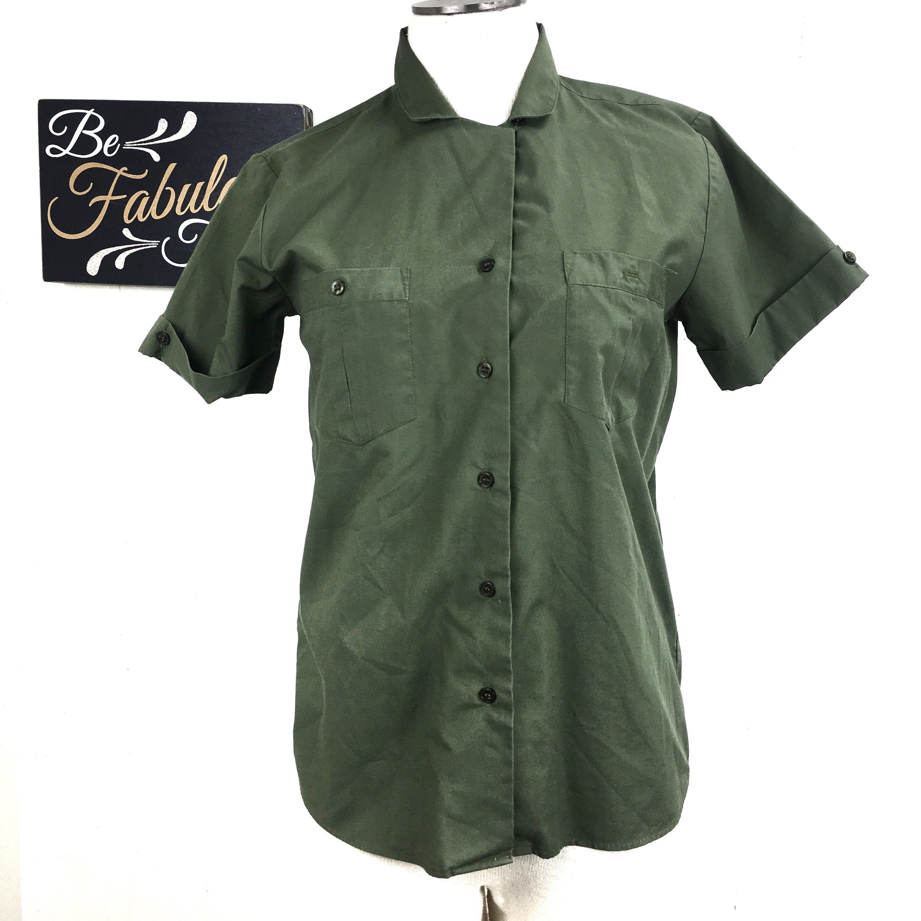 Vintage Army Green Button Down Blouse Medium Polyester Blend Etsy