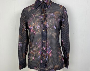 Vintage Black w/ Gold Floral Motif Semi-Sheer Button Down Polyester Blend Blouse Size 34