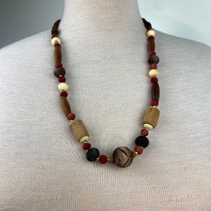 Vintage Carved Wood & Bone Bead Necklace Ethnic Hook 30&quot;