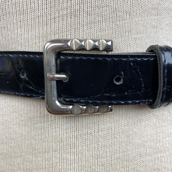 Vintage Black Faux Patent Leather Belt Silver Tone Buckle  display picture 2