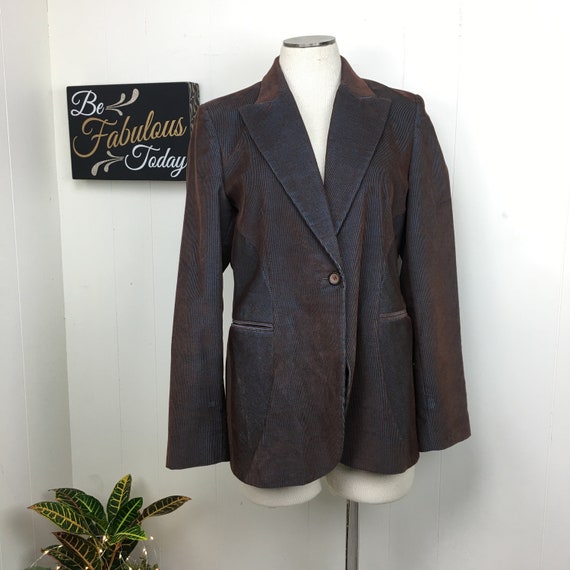 Vintage 90s Harve Benard Brown Blue Corduroy Blaz… - image 1