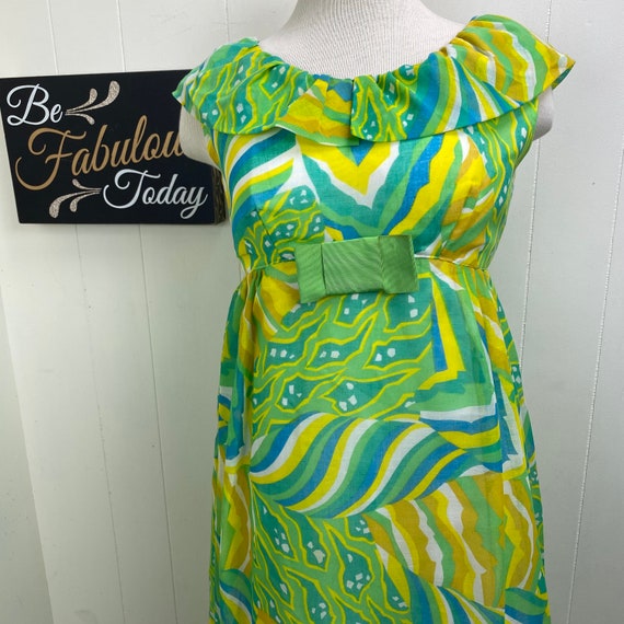 Vintage Green, Yellow & Blue Swirl Prom Dress Ruf… - image 2