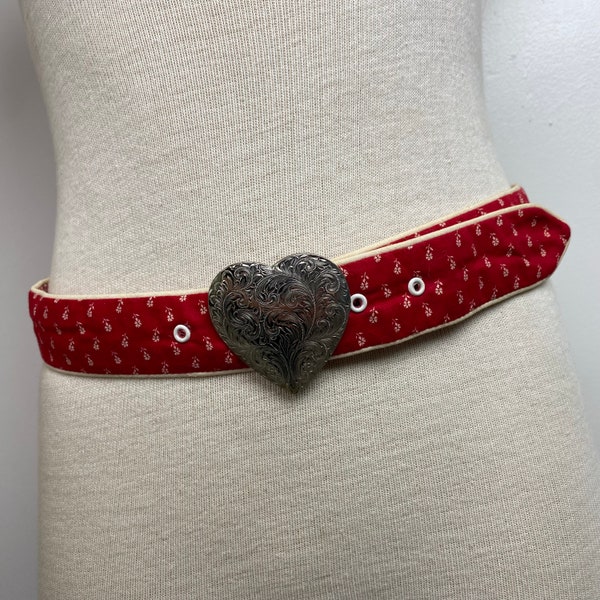 Vintage Reversible Kristin Belt Gingham Red Fabric Etched Heart Belt Buckle