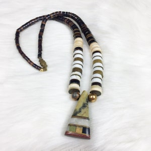 Vintage Pueblo Style Heishi Stone, Brass & Horn Beaded Necklace, Stone Inlay Pendant Free Shipping