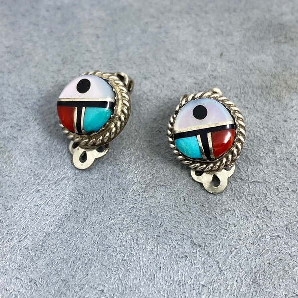 Vintage Sterling Silver Zuni Stone Coral Turquoise Mother of Pearl Inlay Clip-On Earrings