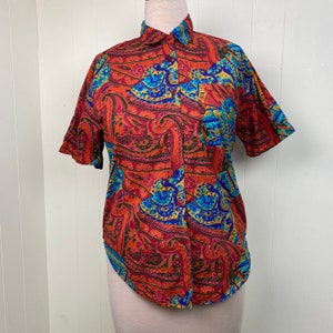 Vintage Venezia Vitale Abstract Floral Paisley Button Down Short Sleeve 100% Cotton Top 14/16 image 1