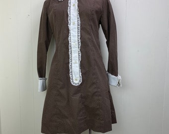 Vintage Brown & White Polka Dot Lace Trim Dress Pilgrim Collar