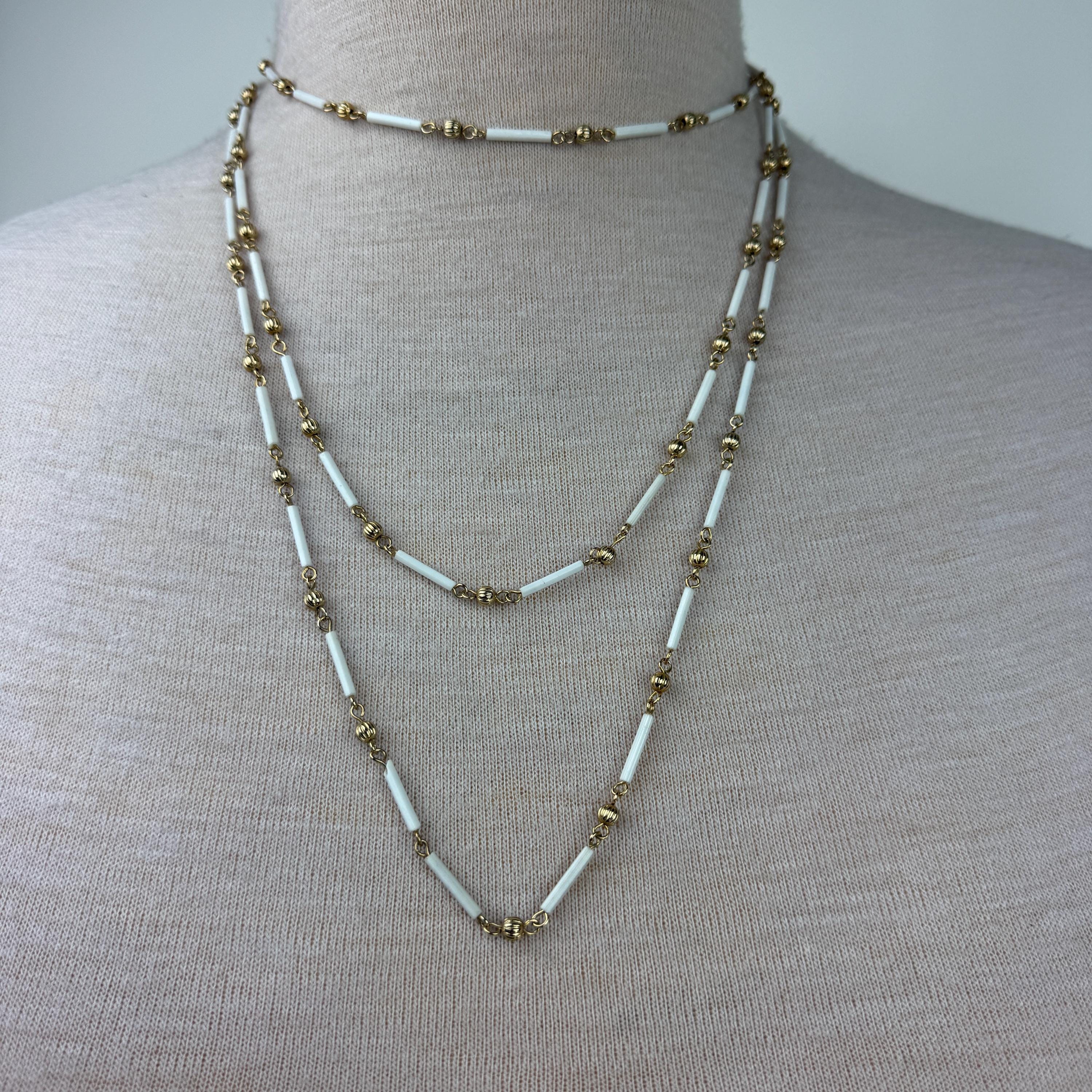 Vintage White Tube Bead & Gold Tone Link Necklace Pullover 62"