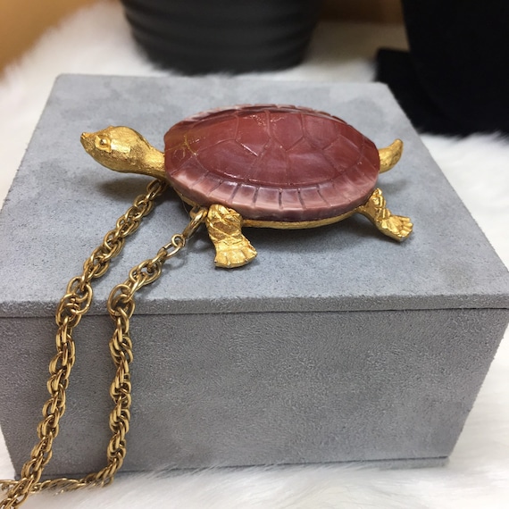 Vintage Signed Celebrity Turtle Pendant with Marb… - image 1