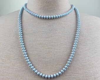 Vintage Pale Blue Faux Pearl Knotted Beaded Necklace 47"