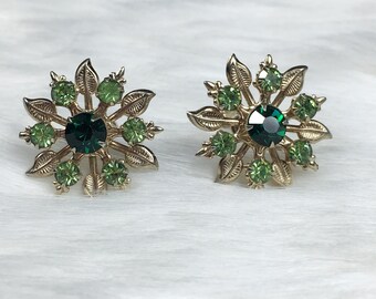 Vintage Green & Gold Flower Screw Back Earrings Free Shipping