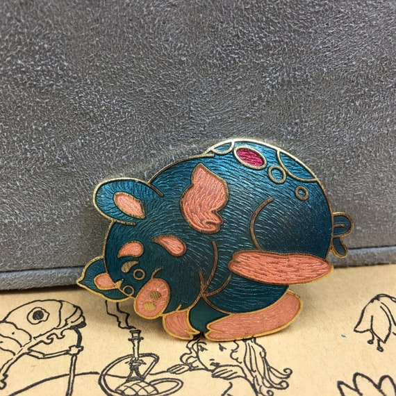 Vintage Enamel Cloisonne Pig Brooch - image 5