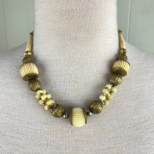 Vintage Carved Ox Bone & Brass Beaded Ethnic Tribal Necklace
