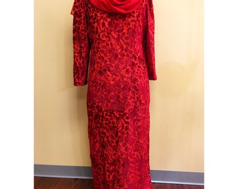 Vintage 70s Red Rose Burnout Velvet Dress w/ Scarf 18