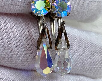 Vintage Aurora Borealis Glass Dangle Screw Back Earrings