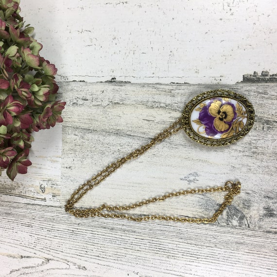 Vintage Purple & Gold Pansy Porcelain Necklace / Free… Gem