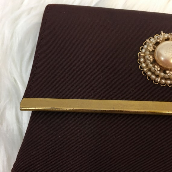 Vintage 50's Brown & Gold Faux Pearl Envelope Clu… - image 3