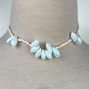 Vintage Pale Blue Shell & White Shell Beaded Necklace 15.5&quot;