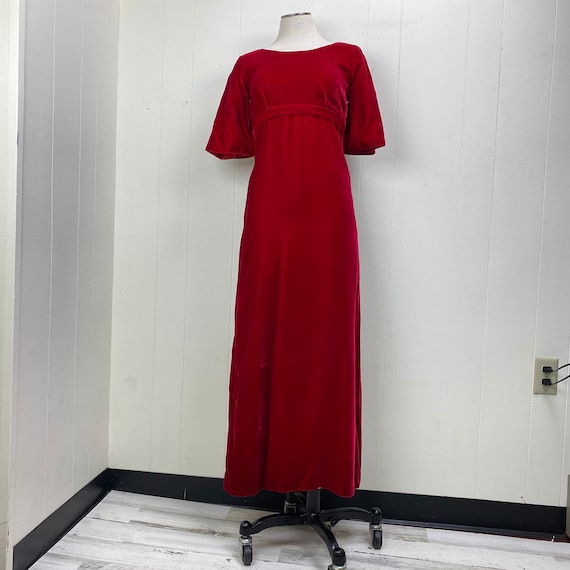 Vintage Red Velvet Gown Dress Bow & Button Down B… - image 1