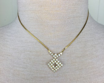 Vintage Diamond Shaped Gold Tone Prong Set Rhinestone Pendant Necklace / Free Shipping