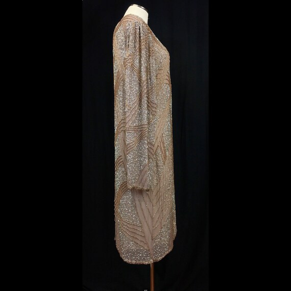 Vintage 80s Oleg Cassini Beaded Nude Silk Dress A… - image 4