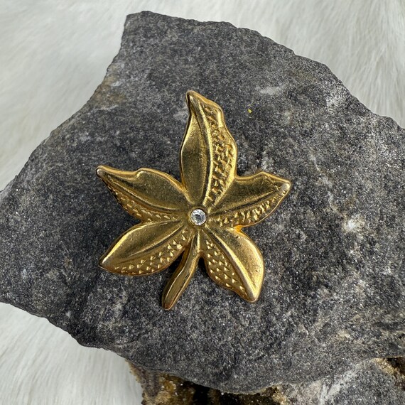 Golden Flower Brooch 5 Petals Embellished with a Rhinestone Signed Lbp