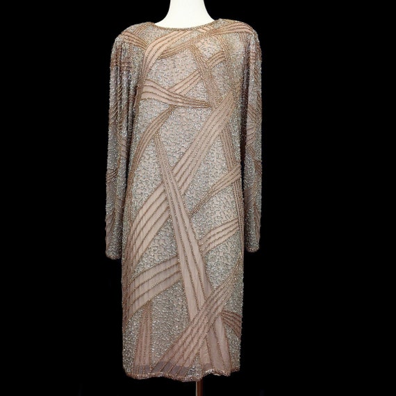 Vintage 80s Oleg Cassini Beaded Nude Silk Dress A… - image 1