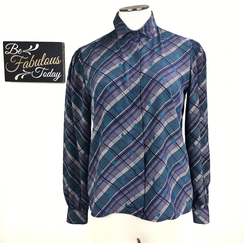 Tan Geometric Secretary Chic Vintage Personal Petites Polyester Button Down Blouse Size 6 Purple Teal