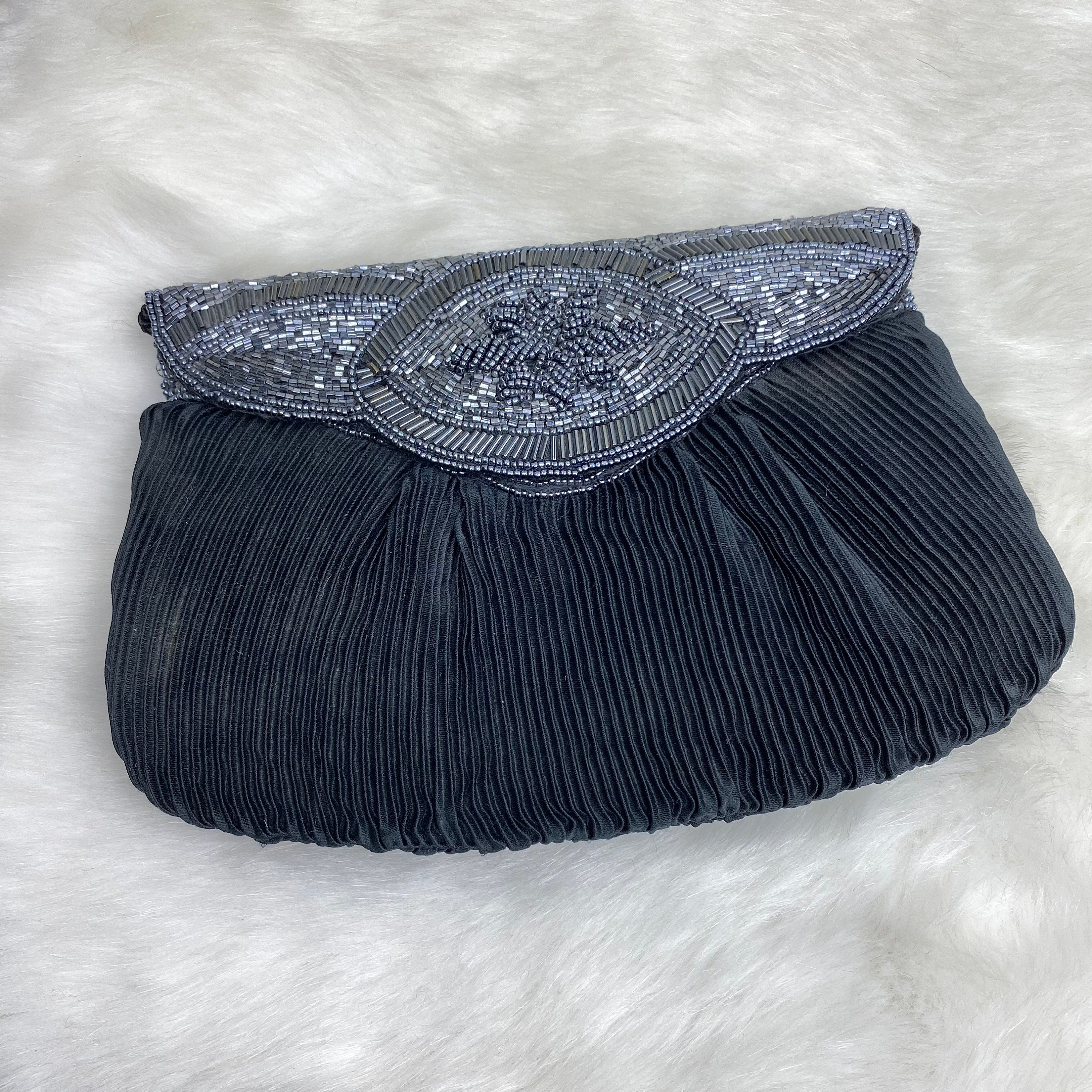 Black Beaded Clutch with Braided Cloth Strap, 7.5 x 5, Vintage Purse, Small Interior Mirror, Carolyne Barton Label. Evening Bag, Handbag