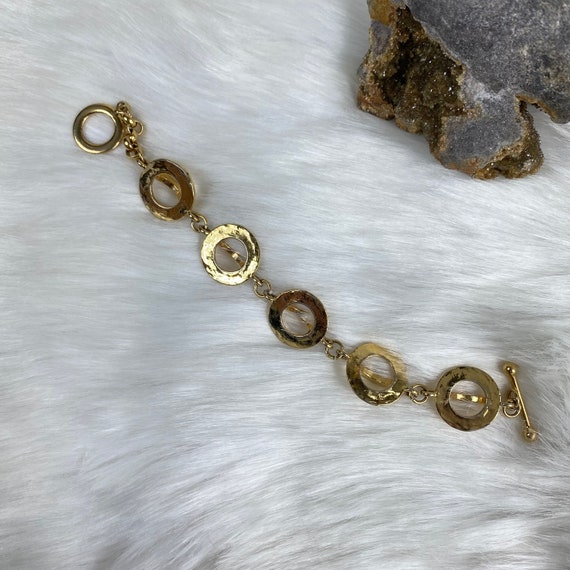 Dimensional Gold Tone Disc Link Bracelet Toggle C… - image 5