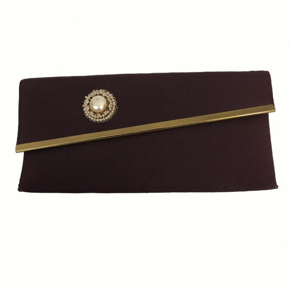 Vintage 50's Brown & Gold Faux Pearl Envelope Clu… - image 1