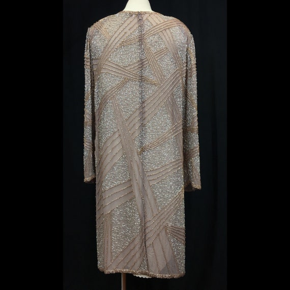 Vintage 80s Oleg Cassini Beaded Nude Silk Dress A… - image 5