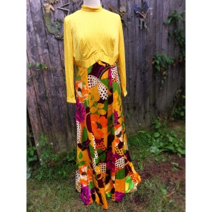 Vintage 70s Yellow & Abstract Retro Floral Print Full Length Dress