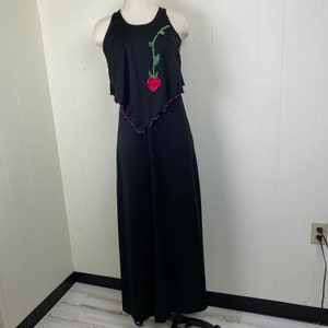 Vintage 70s Black Pink Trimmed Prom Dress w/ Roses