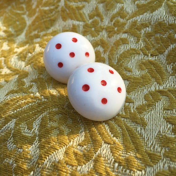 Vintage 80s white w/ red polkadot button earrings - image 1