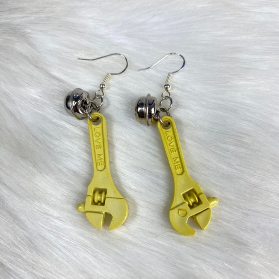 Vintage 80s Plastic Bell Charm Yellow Wrench Earr… - image 1