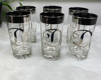 Six Vintage MCM Dorothy Thorpe Monogram "D" Silver Rim Highball Tumbler Glasses