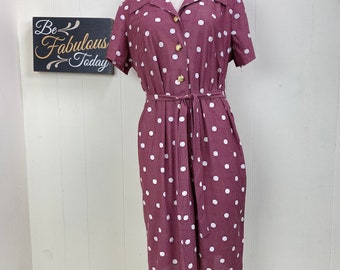 Vintage 50s 60s Mauve w/ White Polka Dot Button Down Dress 100% Jersey